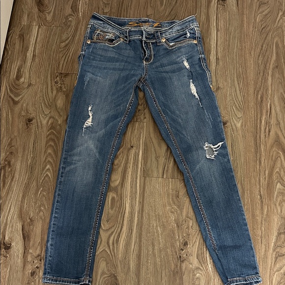 Seven7 Blue Distressed Skinny Jeans - Picture 1 of 7